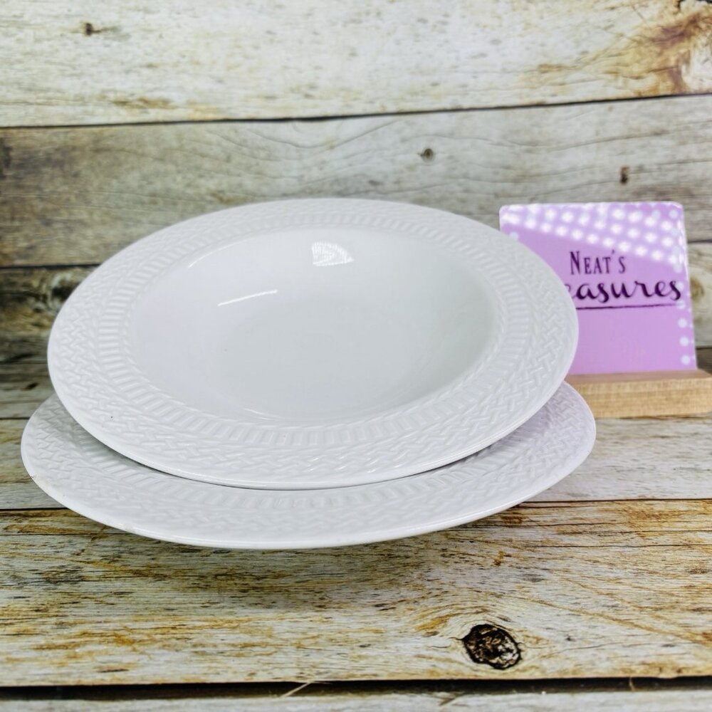 Livingquarters LIQ10 White Embossed Basketweave Rimmed 9" Pasta Soup Bowls Set 2